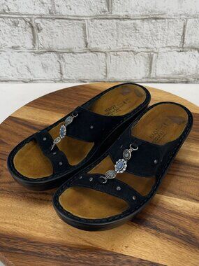 Naot Mulberry Womens 7/38 Black Suede Studded Cork Slip On Comfort Slide Sandals
